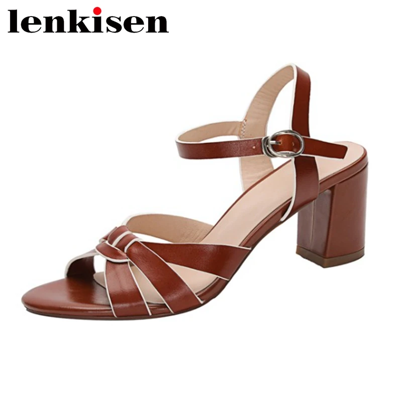 

Lenkisen Natural Leather Peep Toe High Heel Retro Fashion Solid Young Lady Daily Wear Buckle Strap Handmade Women Sandals L2a