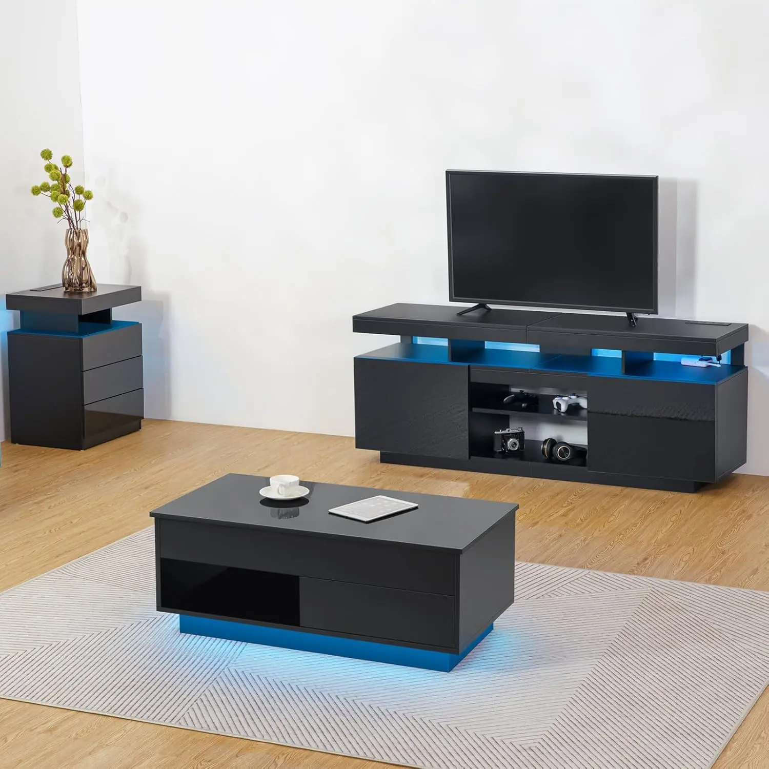 Hommpa Led Lift Top Coffee Table And Tv Stand Set Of 2,Modern Led Entertainment Center With Power Outlets For Up To 70