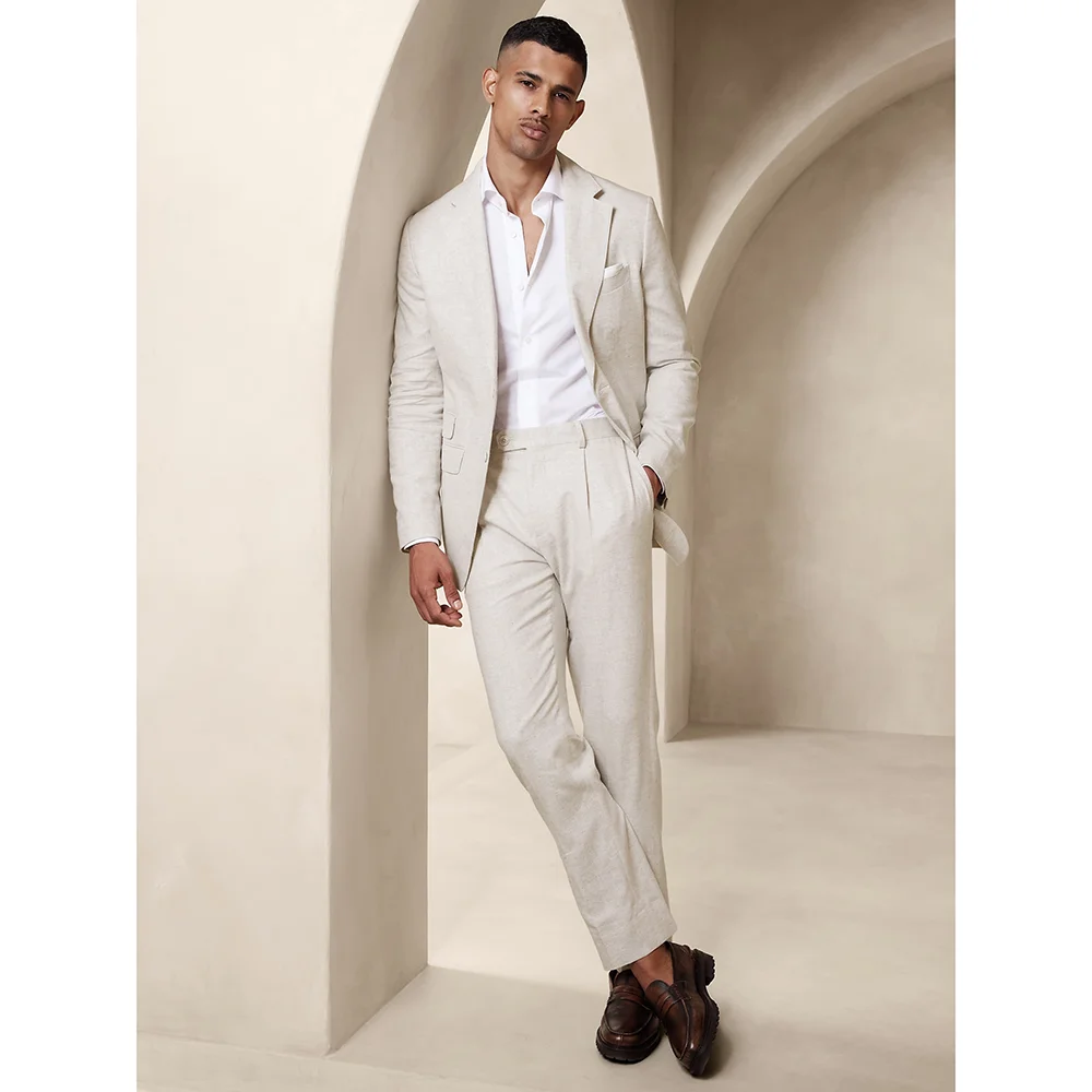 Beige Linen Men Suits 2 Piece Summer Single Breasted Notch Lapel Suits Slim Causal Daily Formal Wedding Tuxedo (Blazer+Pants)