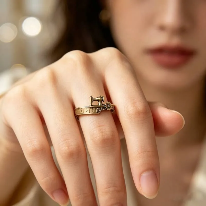 Retro mechanical style sewing machine shaped ring, tape measure scale, three-dimensional small flower embellishment