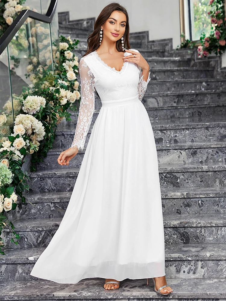 Ladies Elegant Floral Lace Panel White Dress A Line High Waist Large Swing Prom Dresses Women Evening Party Wedding Long Dresses