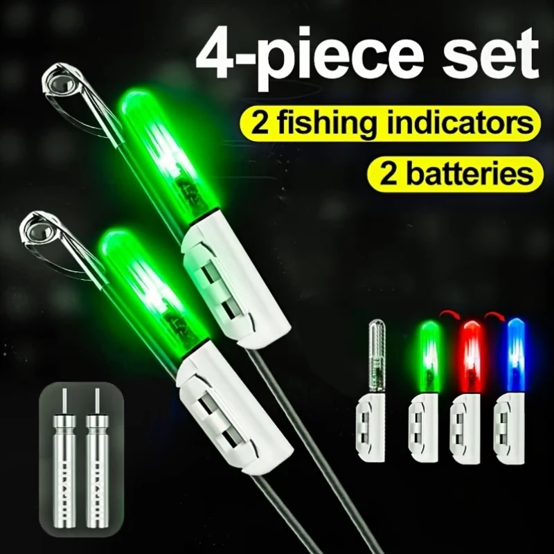 Conjunto de luzes para ponta de vara de pesca noturna, 4 peças; muda de cor quando o peixe morde a anzol; indicador de picada; luz de alarme de pesca.