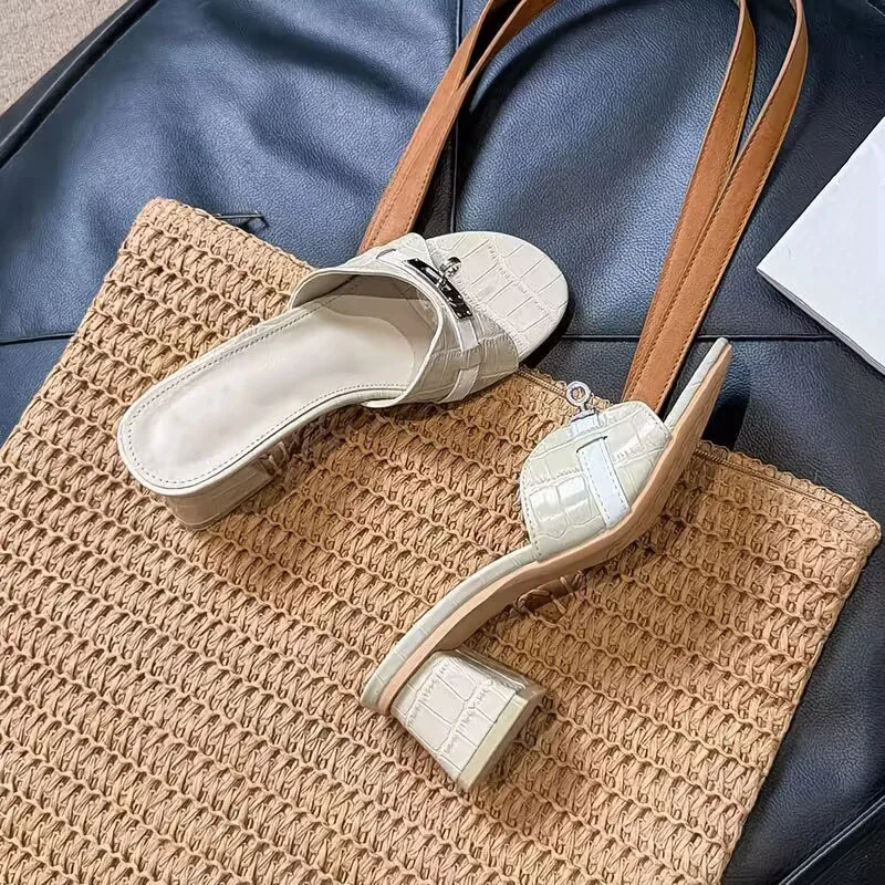 Croc Embossed Buckle Slide Sandals, Women Elegant Flat Summer Slippers for Outdoor Travel Beach