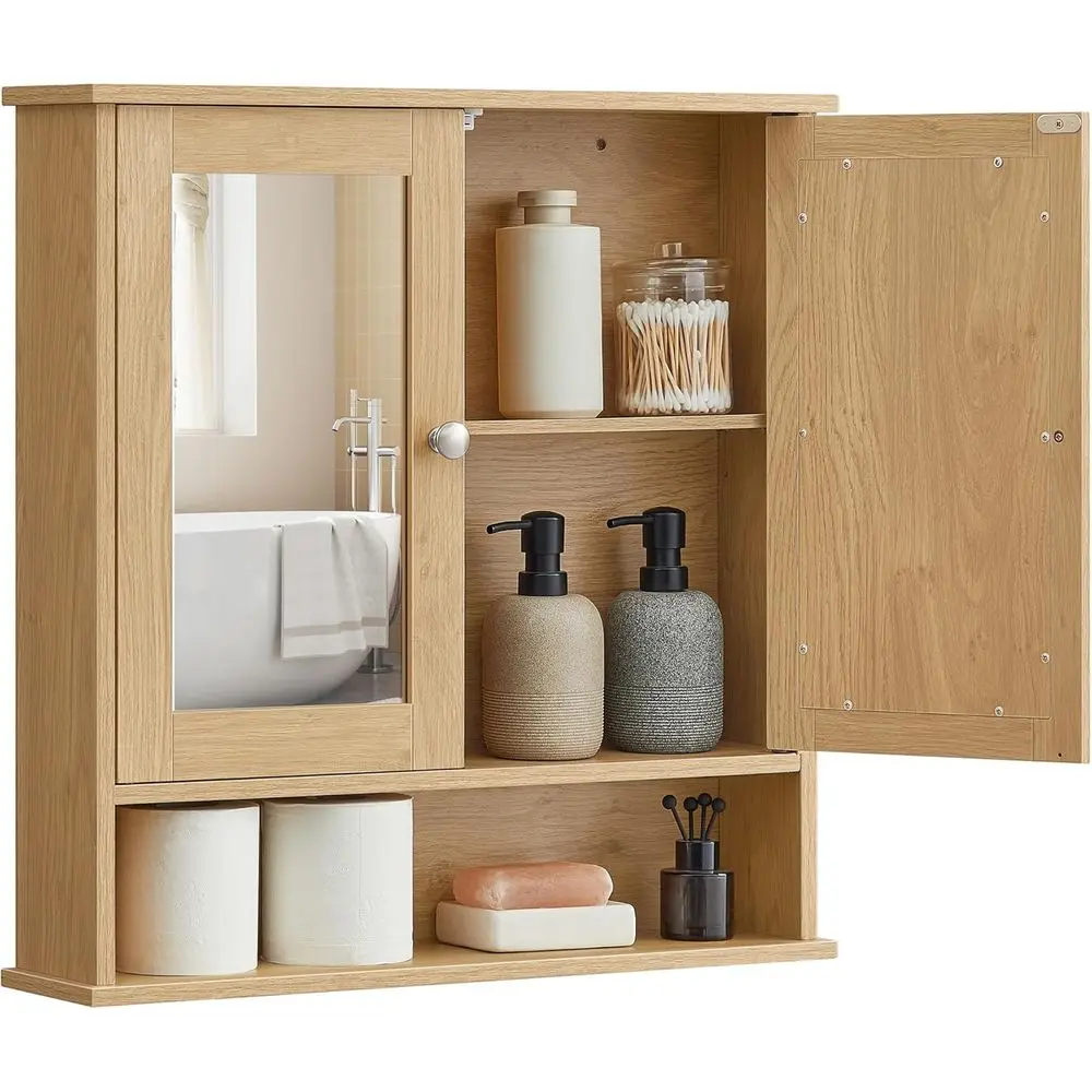 

Wall-Mounted Natural Oak Bathroom Cabinet with 2 Mirrored Doors, Adjustable Shelves, Open Compartment, 5.1x22.2x23 Inches