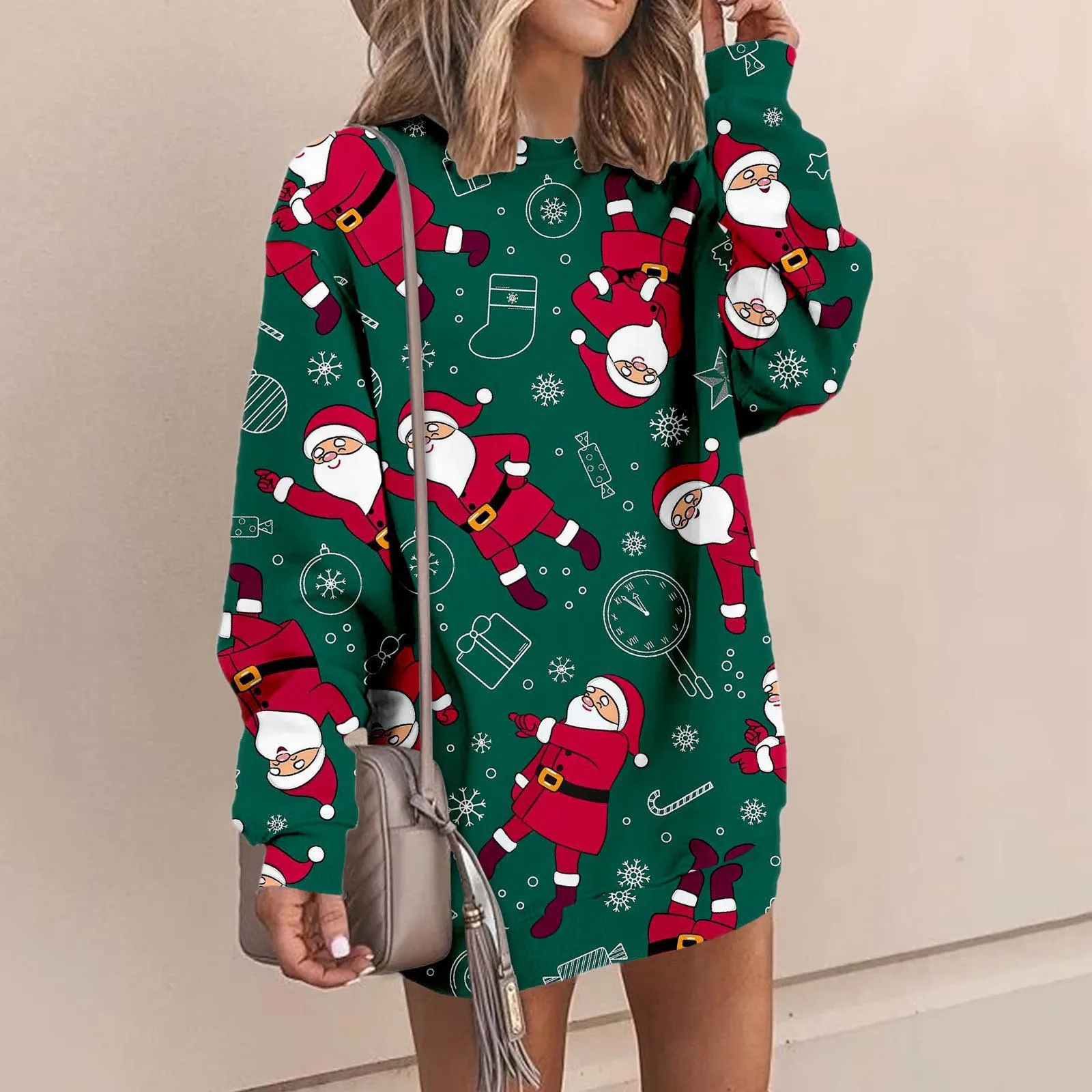 Women Christmas Round Neck Sweatshirt Dress Crewneck Pullover Long Sleeve Mini Sweater Dresses Plus Size Party Vestidos