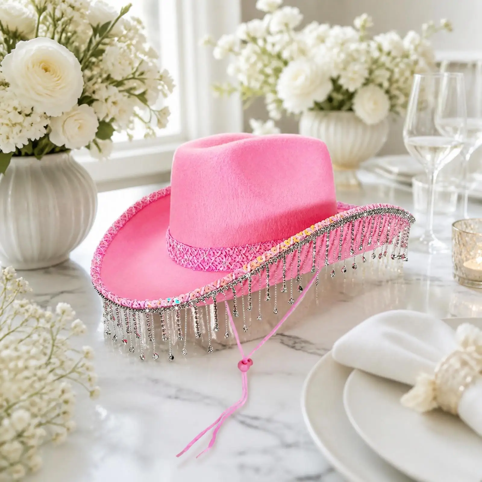 Eye Catching Sequin Cowboy Hat with Fringe Details for Stage Play and Pre Wedding Festivities