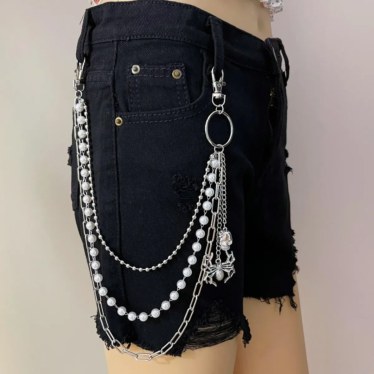 

Metal White Pearl Punk Pants Chain Keychains for Men Women Jean Trouser Biker Chains Spider Pendants Jewelry Gothic Accessories