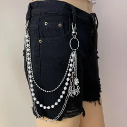 Metal White Pearl Punk Pants Chain Keychains for Men Women Jean Trouser Biker Chains Spider Pendants Jewelry Gothic Accessories