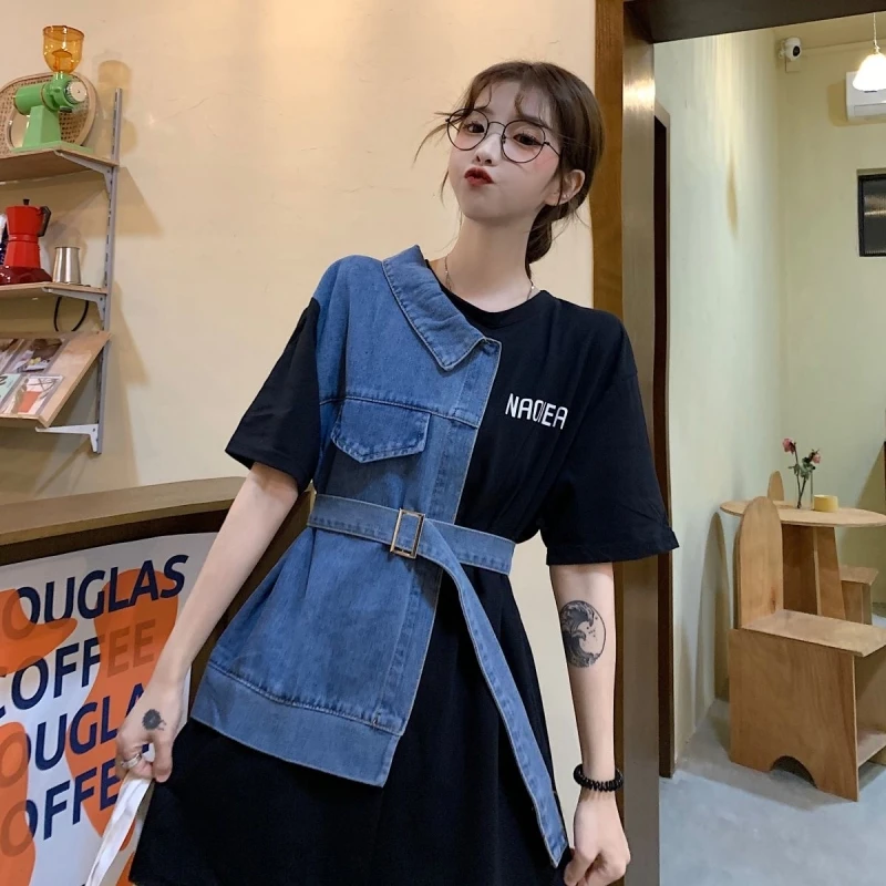 2025 Zuid-Koreaanse Denim Splicing Jurk Ronde Hals Korte Mouw K Mode Vrouwen Taille Aanscherping Onregelmatige T-shirt Rok