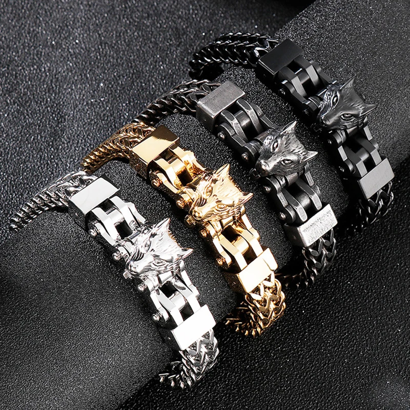 

Punk Rock Vintage Viking Wolf Bracelet Animal Accessories Hiphop Men's Stainless Steel Mesh Bike Biker Bangles Jewelry Wristband