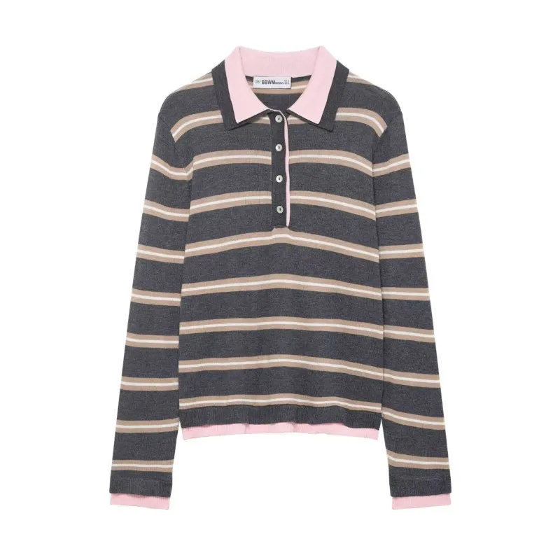 

Women's knitted Pullover Sweater Casual Fashion Striped Polo Collar Long Sleeve Sweaters New Spring Vintage Female Loose Tops