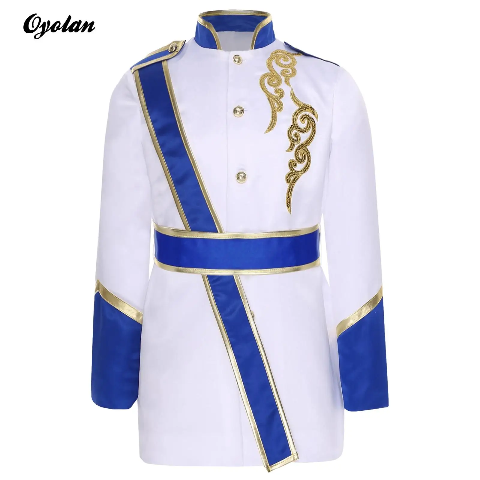 

Boys Drummer Marching Band Guard Prince Cosplay Costume Sequins Front Buttons Outwear Jacket with Press Buttons Waistbelt