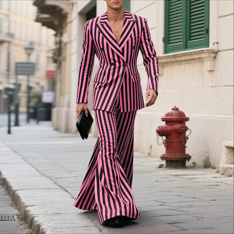 INCERUN, conjuntos para hombre, chaqueta cruzada de manga larga a rayas y pantalones acampanados, conjuntos de dos piezas, ropa de calle, trajes informales a la moda para hombre