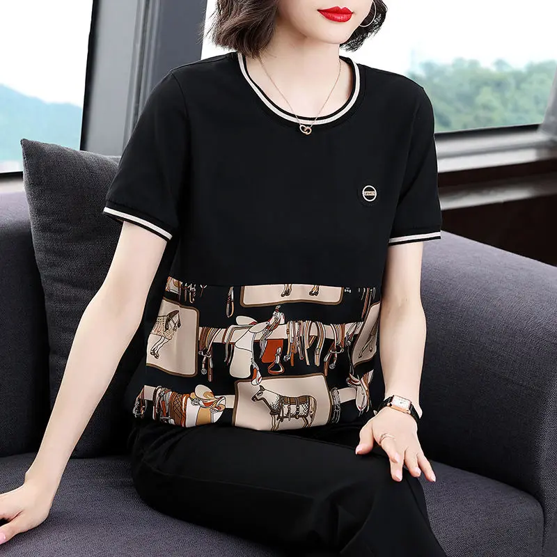 Fashion Female Printed Spliced Casual T-shirt Summer New Women\'s Clothing Korean Loose Round Neck Short Sleeve Tops Pullovers