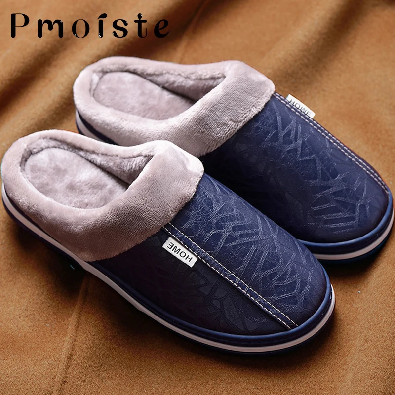 Zapatillas de casa de invierno para hombre, pantuflas de espuma viscoelástica con piel sintética, impermeables, para interiores, talla grande 51