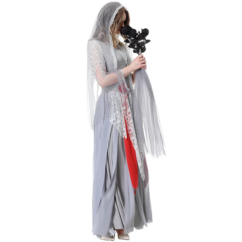 Ghost Bride Costume Women Bridal Veil Ghost Bridal Dress with Necklace Waist Lace Apron Printed Long