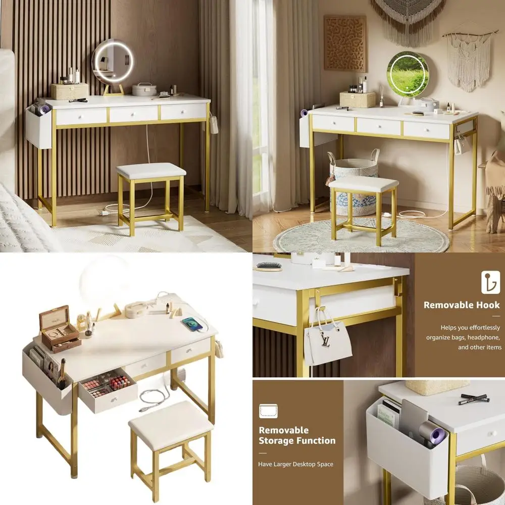 

Компактный туалетный столик 40 в 1 белого и золотого цвета с зеркалом, подсветкой и стулом для спальни