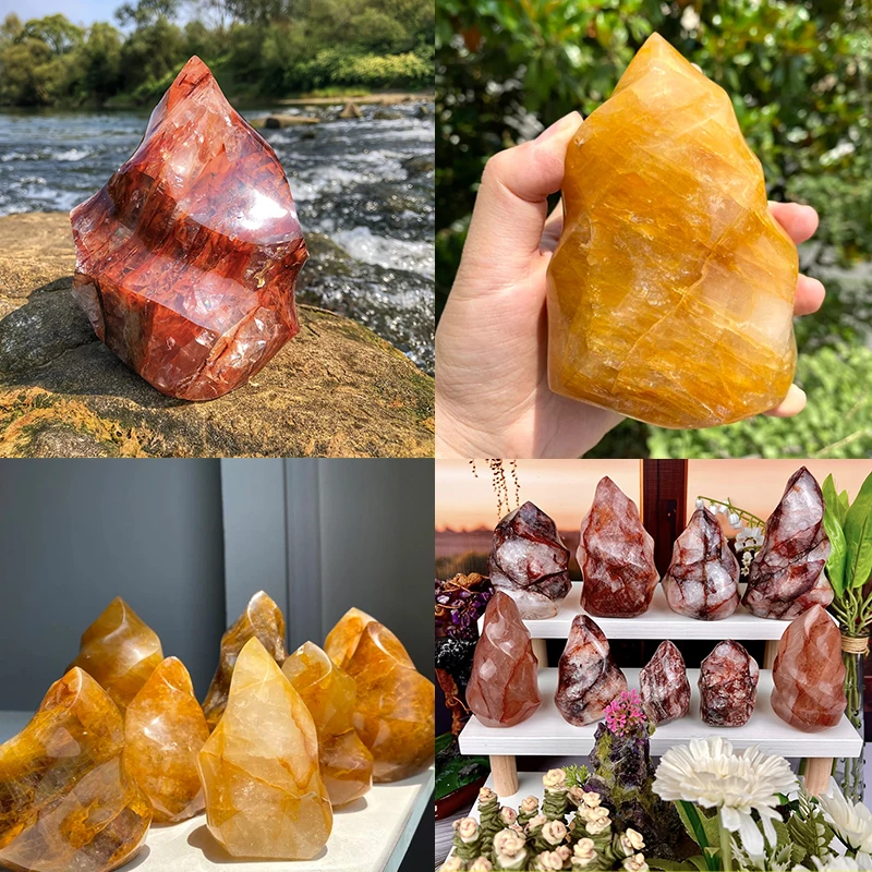 1pc Stunning Golden Healer Flame, Yellow Hematoid Quartz,  Unique Fire Quartz Flame Gumflower Stone,Intricate Patterns