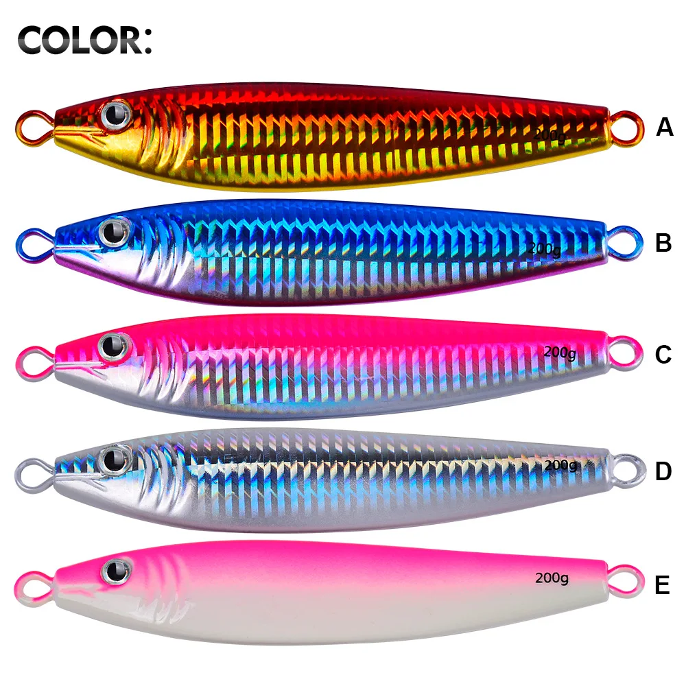 

1pcs Metal Fishing Bait 20g-200g Sinking Sea Bass Lead Jig Fish Lure 5 Color Artificial Lifelike Jigging Lure Bass LF154