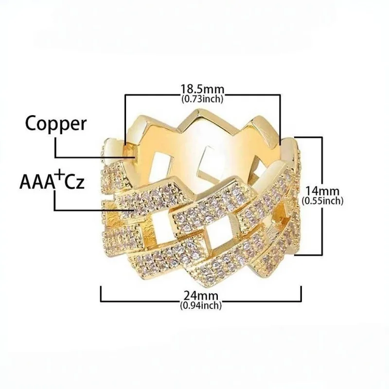 `Iced Out Cuban Link Ring Micro Pave CZ Stone Gold Silver Plated Wide Band Hip Hop Ring For Men Rapper Street Bling Jewelry`
