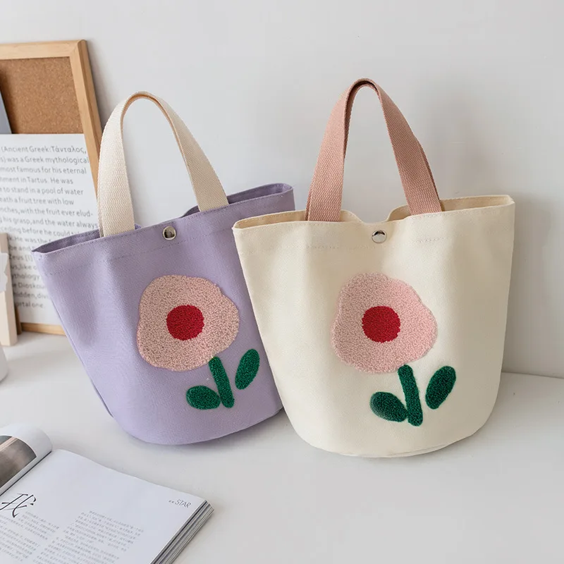 Bolso de mano de lona con flores de felpa bordadas para mujer, bolsos de compras de gran capacidad, lonchera, bolso de mano para estudiantes