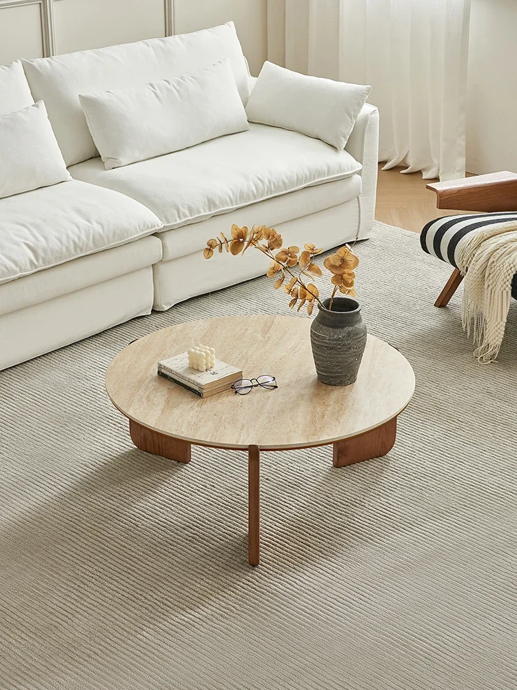Travertine rock slab round coffee table small apartment designer high sense solid wood living room surprise quiet wind small tea