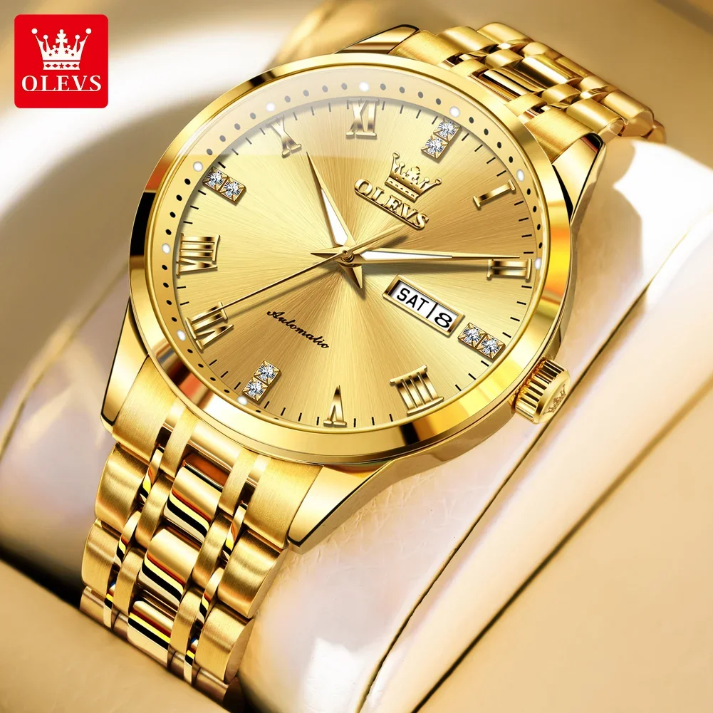 OLEVS 7062 ساعات آلية أوتوماتيكية مقاومة للماء من الفولاذ المقاوم للصدأ ساعة مضيئة مزدوجة كانلاندر للرجال ساعة يد عصرية