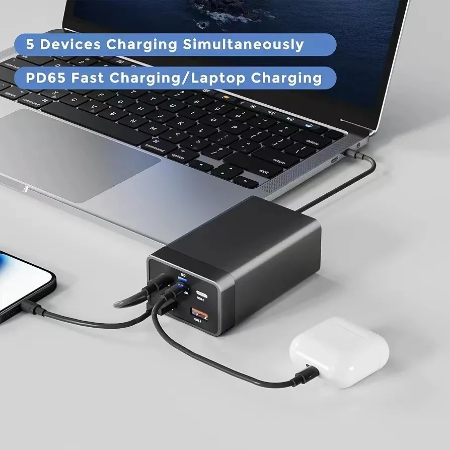 125W Gan Metal Charger for Laptop PD Function with 3 USB-C 2 USB-A Ports