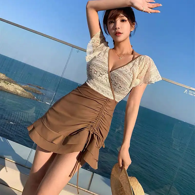 New Korean Fashion One-piece Dress Style Double Color Combination Deep V-neck Belly-covering And Slimming Swimsuit