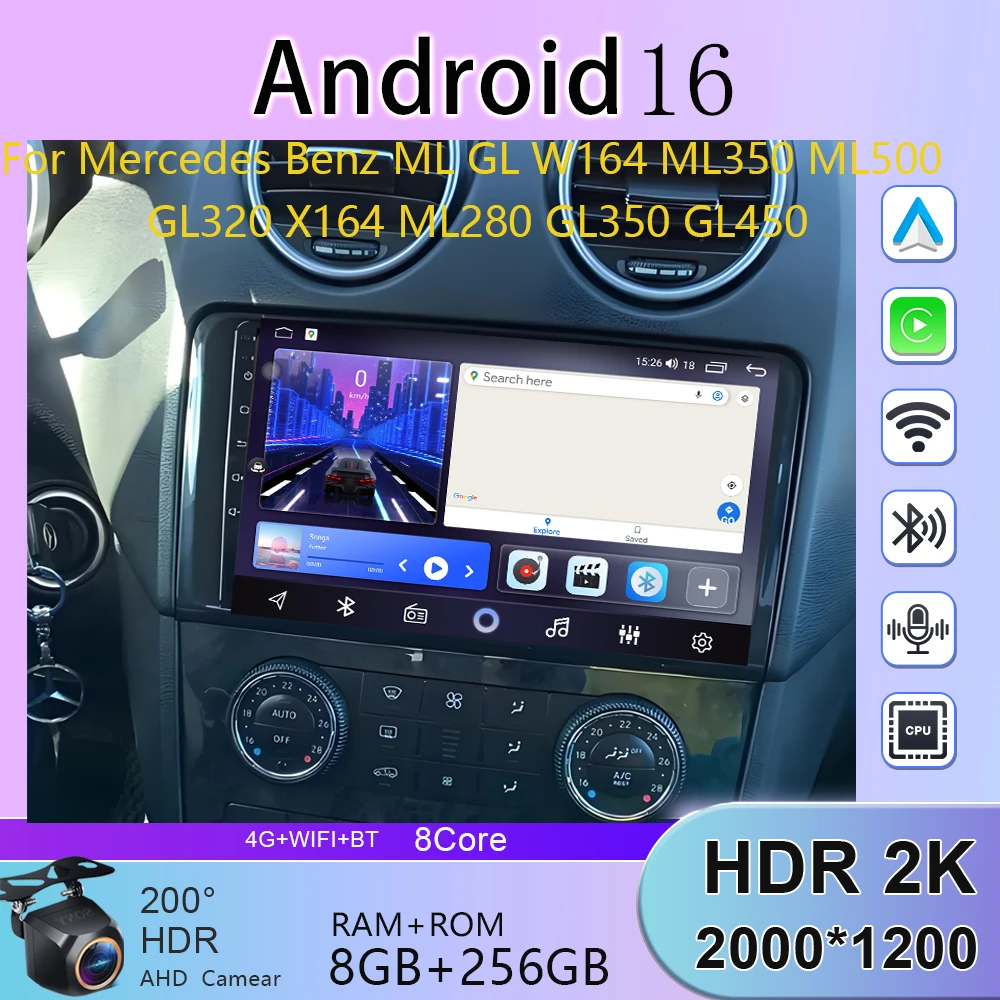 For Mercedes Benz ML GL W164 ML350 ML500 GL320 X164 ML280 GL350 GL450 CarPlay Android Auto Car Radio Android 16 Navigation GPS