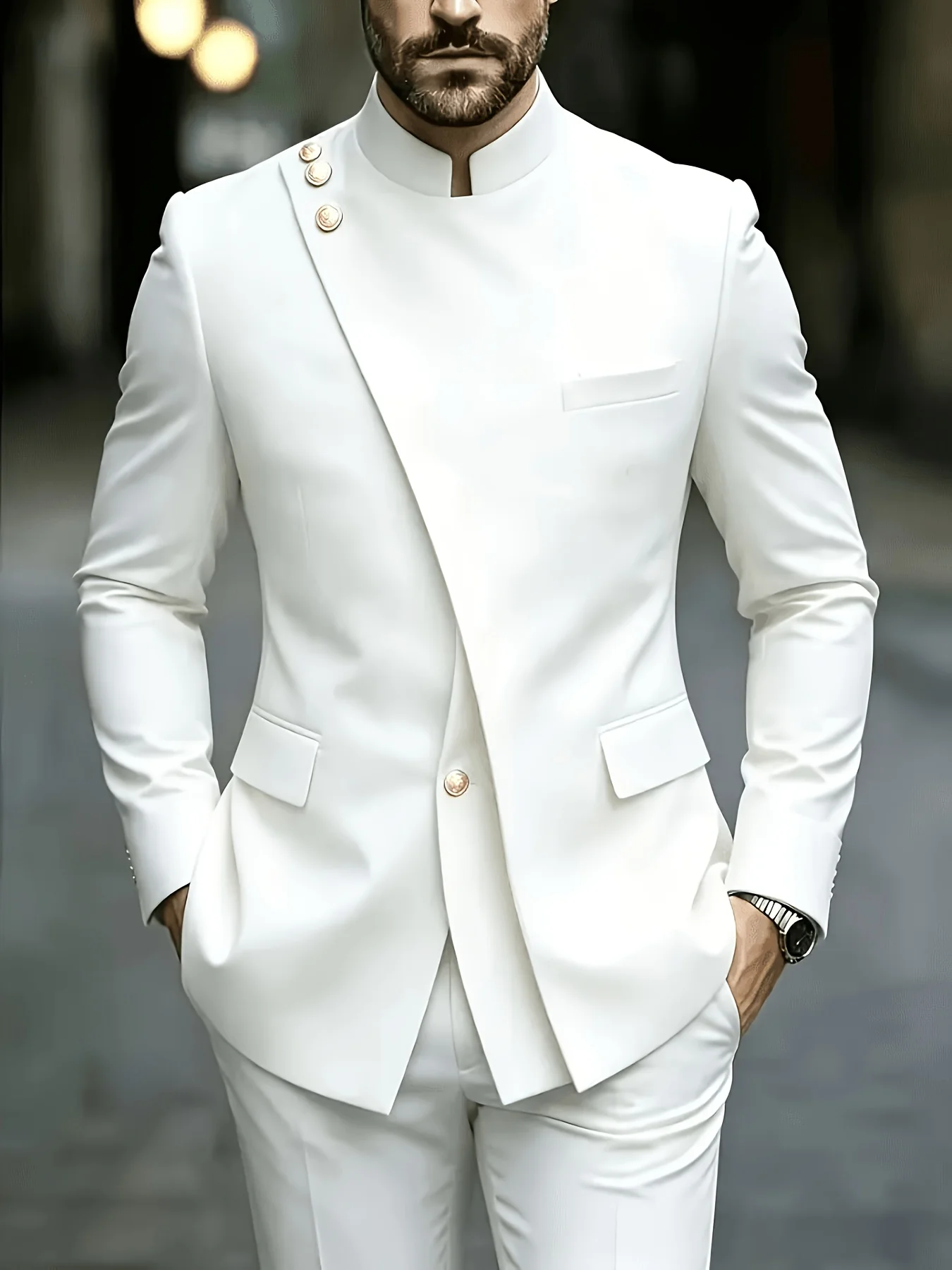 Men's Slim Fit Stand Collar Blazer Asymmetric Diagonal Front with Gold Decorative Buttons for Wedding Groom Dinner Party Fashion