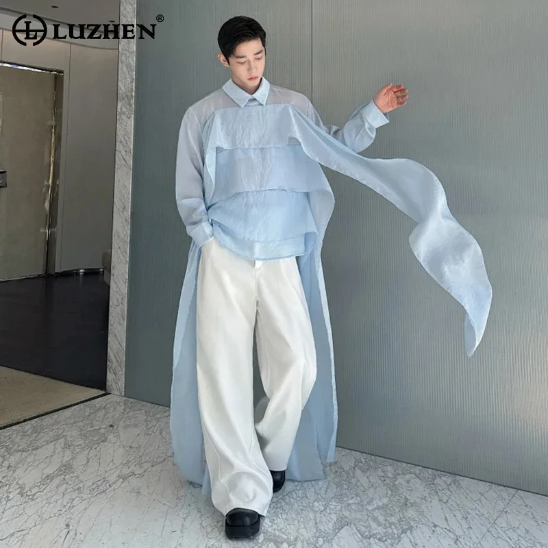 LUZHEN 2026 Spring High Quality Gauze Ribbon Tassel Patchwork Long Sleeve Shirts Men's Stylish Niche Elegant Casual Tops JY6267
