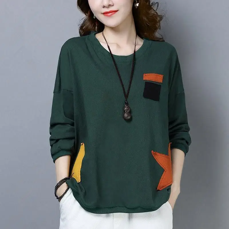 Korean Version Women's 2024 Spring Autumn New Patchwork O-Neck Print Fashion Loose Minimalist Casual Versatile Long Sleeved Top