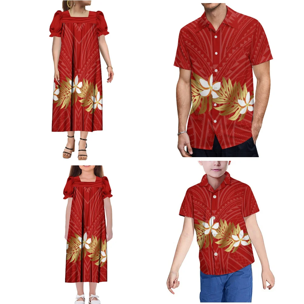 Hawaiian Men'S Shirt Boy'S Shirt Polynesian Family Party Set Mumu Women'S Dress Mumu Girls' Dress With Puffy Sleeves