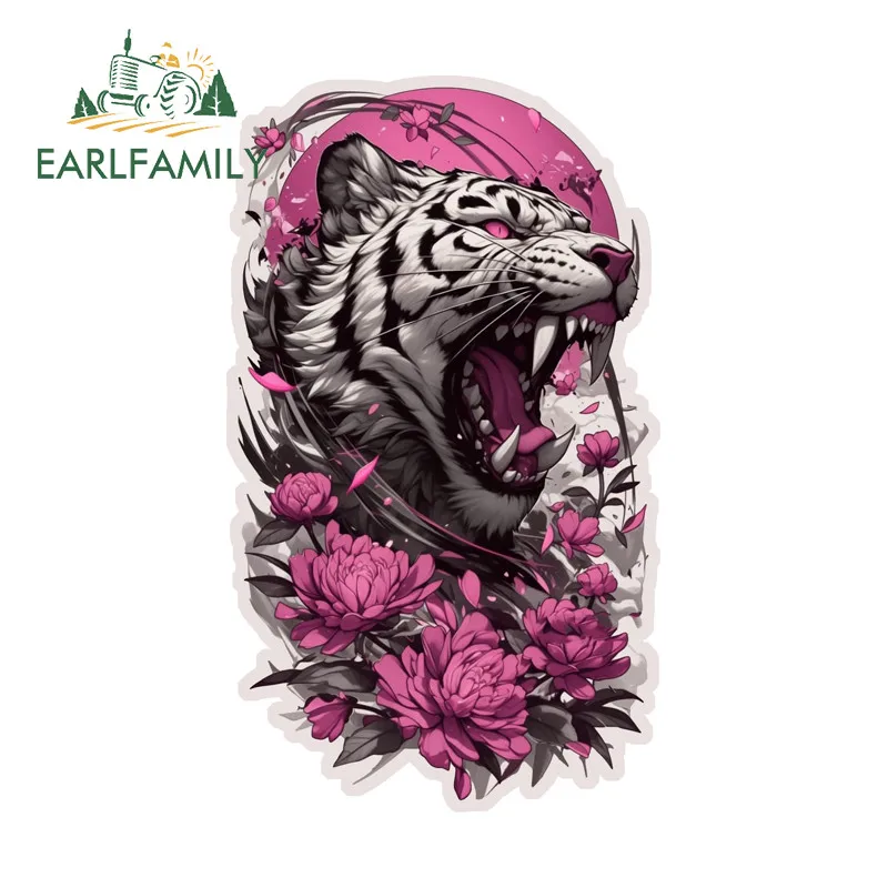 EARLFAMILY Tiger with Flower Cartoon Car Sticker Personality Rearview Mirror Skateboard Occlusion Scratch Decal Waterproof Decor