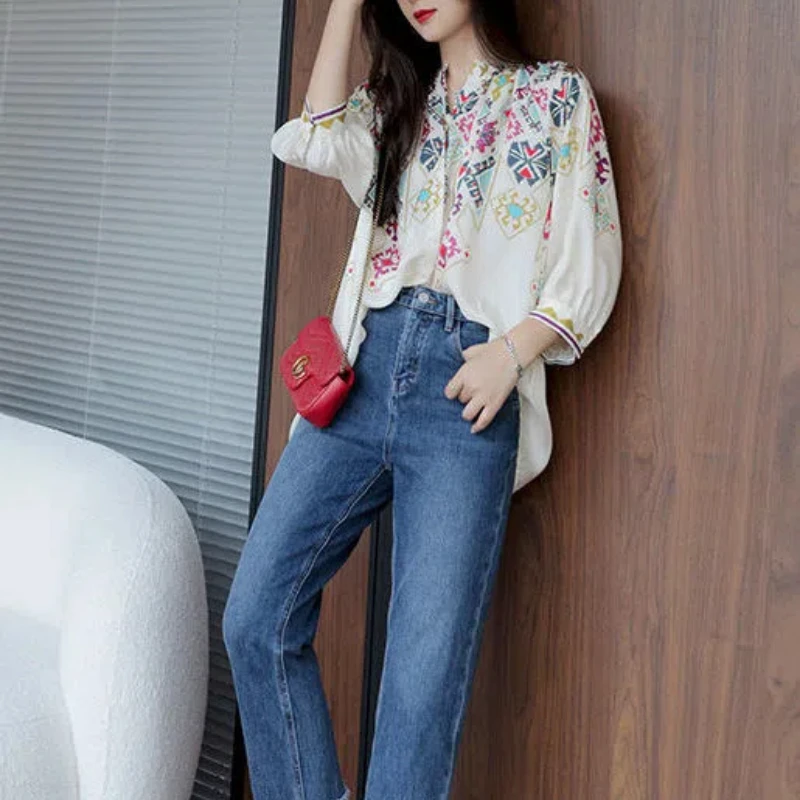 Summer New Round Neck Three Quarter Fashion Shirt Women High Street Casual Printing Button Cardigan Vintage Elegant Loose Tops