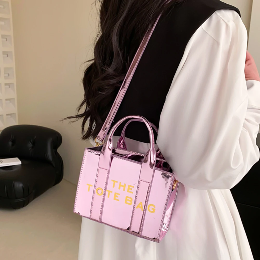 Patent Leather Ladies Tote Bags Fashion Letter Underarm Bag Casual Adjustable Strap Simple Shiny Portable for Weekend Vacation