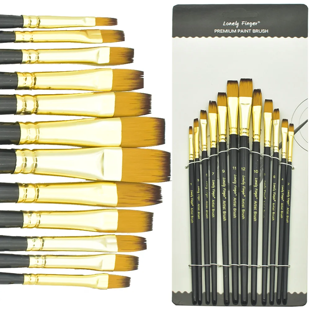Acrylic Paint Brushes Set, 12pcs Flat Tip Nylon Hair Artist Paintbrushes for Acrylic Watercolor Oil Ink Canvas Painting