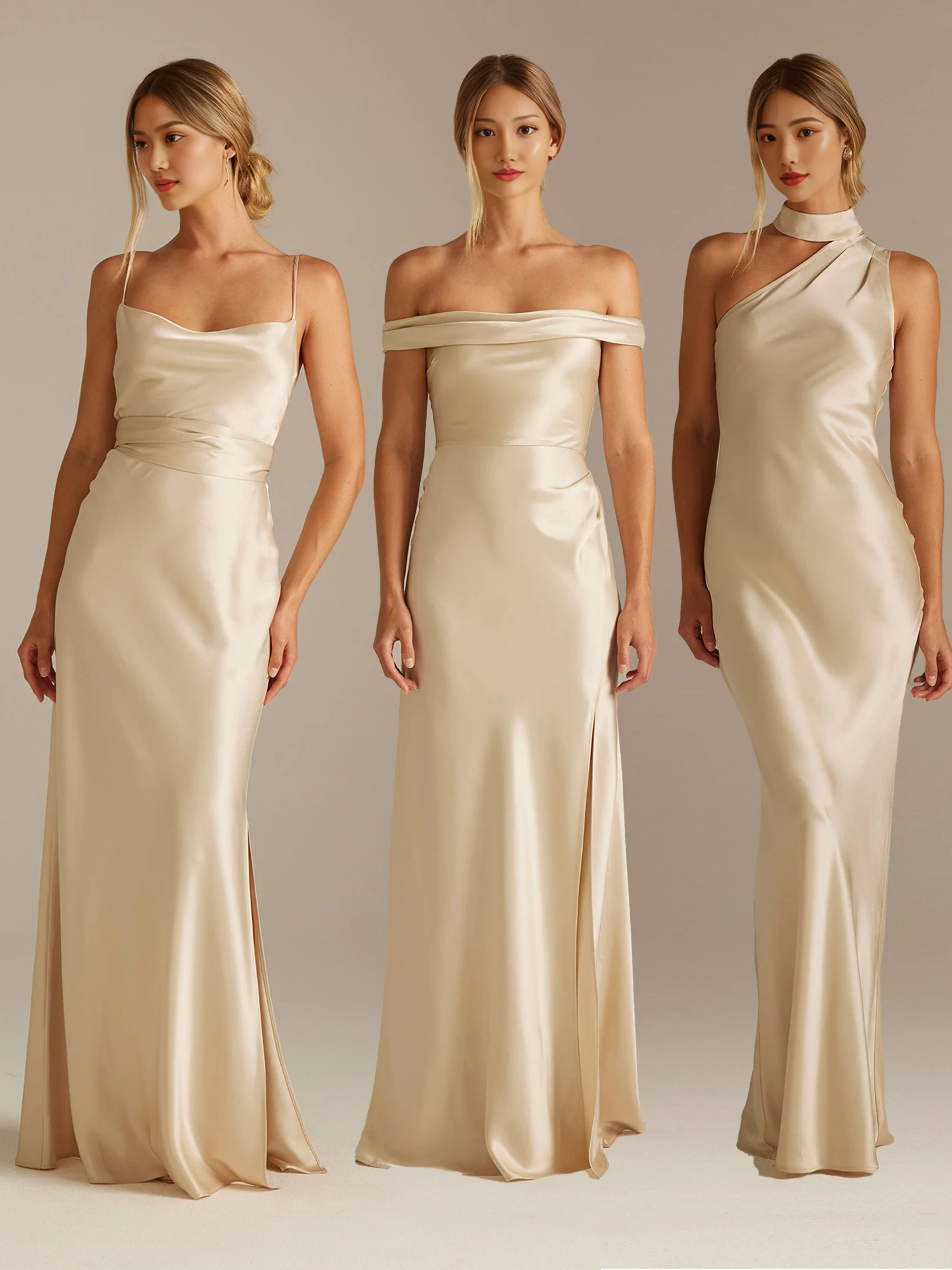 

Champagne Color Maids Dr Satin Wedding Gown Beautiful Sister up High-End Feelings Long Evening Par Dr for Women