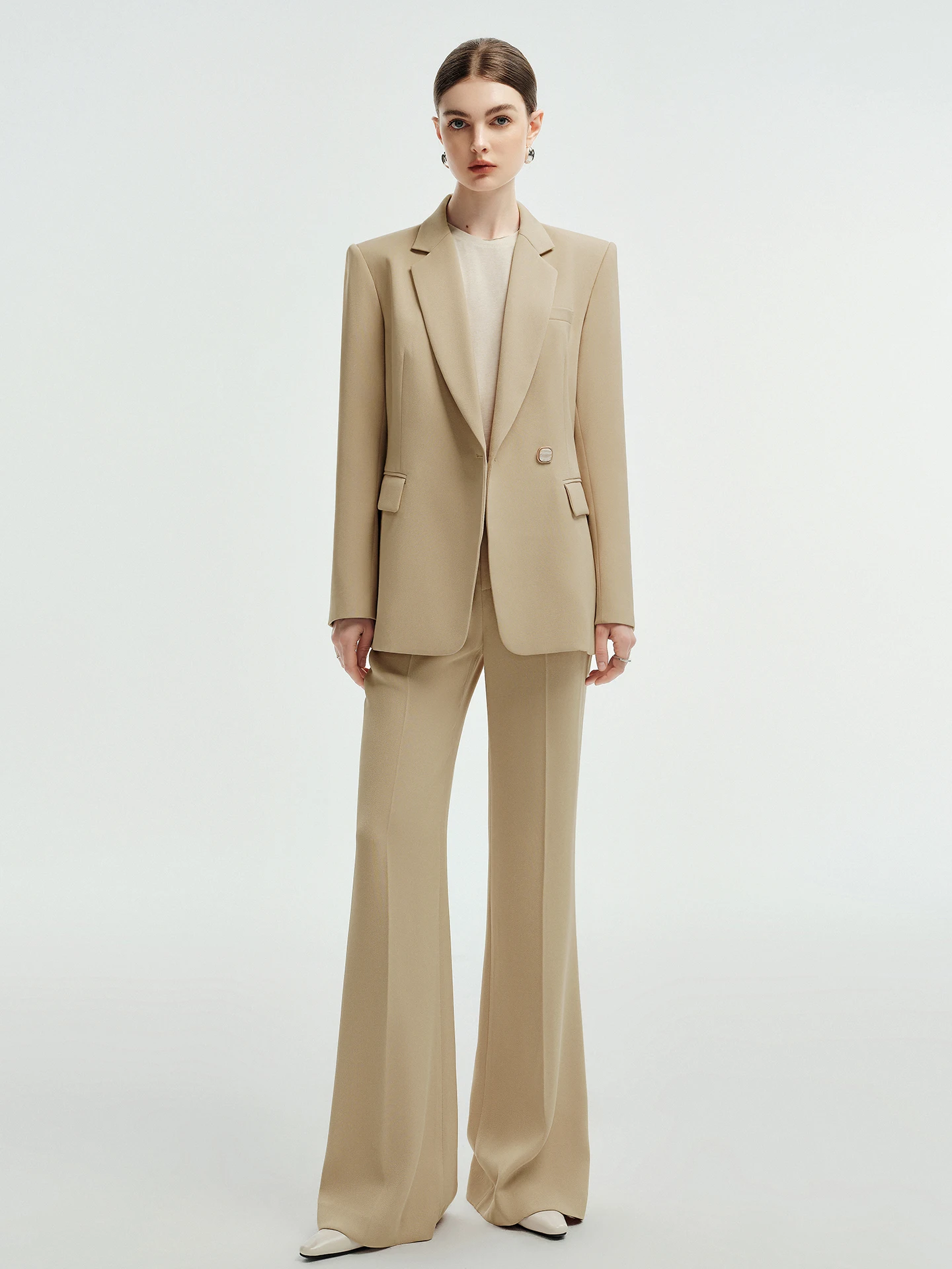 Elegant Khaki Women's Suit Set Managerial Workwear Loose Commute Fashion Autumn Collection Button up Long Sleeve Straight Cut
