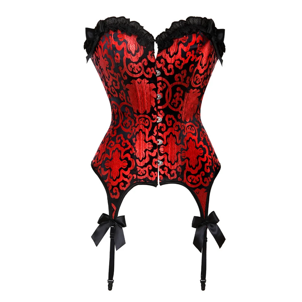 Women Sexy Corset Victorian Lace up Overbust Corsets and Bustiers Top Bodyshaper with Garters