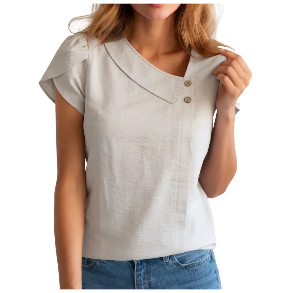

Women's Summer Cotton Linen Blouse Elegant Plain Shirt Asymmetrical Collar Short Sleeve Blusas Tops Solid Color Casual Blouses