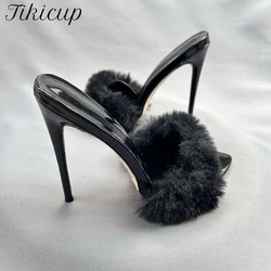 Designer Summer New Fashion Sexy Pointed Fur Black Party Sandals for Women High Heel Ladies Simple Half Slippers Big Size 45 46