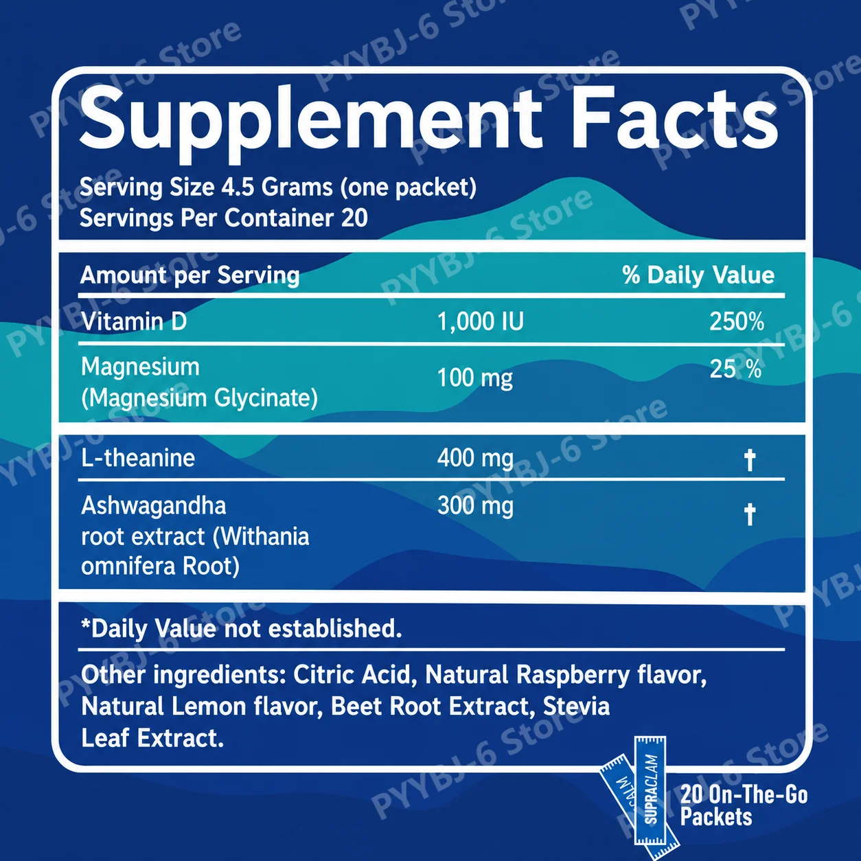 Ashwagandha L-Theanine Magnesium Glycinate Vitamin D3 Supplement Drink Mix Calm Mood Focus Support Raspberry Lemonade 20 Packets