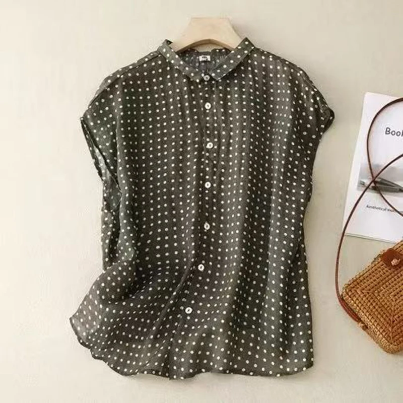 

Thin Mori Girl Polka Dot Blouse Women Summer Cotton Linen Shirts Casual Sleeveless Breathable Tops All Match