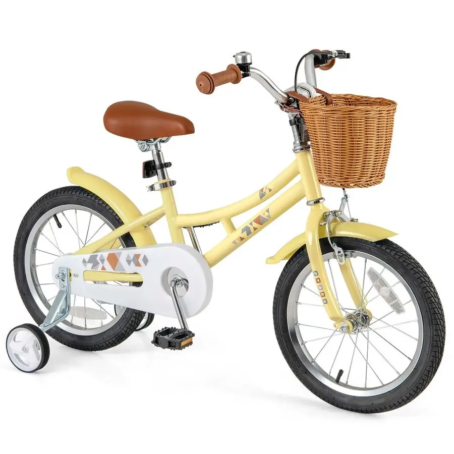 

Retro Kids Bike, 12 14 16 18 Inch Child Bike for 38 Years Old w Rattan Basket, Adjustable Height, Training Wheels, Fenders, Hand