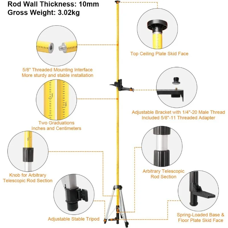 12 Ft./3.7m Telescoping Pole with 1/4-Inch by 20-Inch Laser Mount for Rotary and Line Laser Level, Adjustable Telescoping Pole