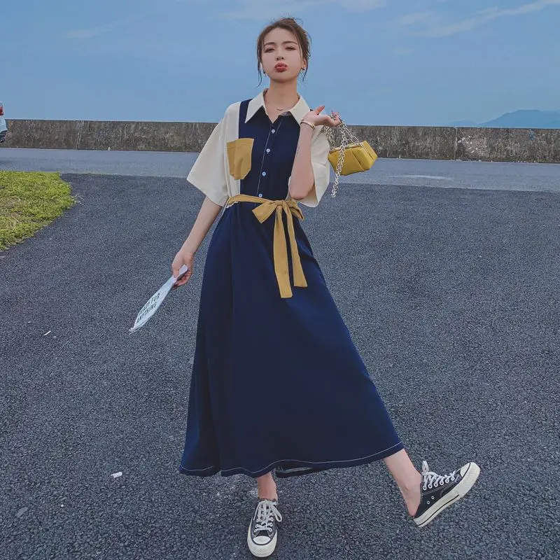 

Dress for Women Temperament Shirt Skirt Retro Splicing Contrast Color Over Knee Mid-length Lapel Waist to Make You Look Thin