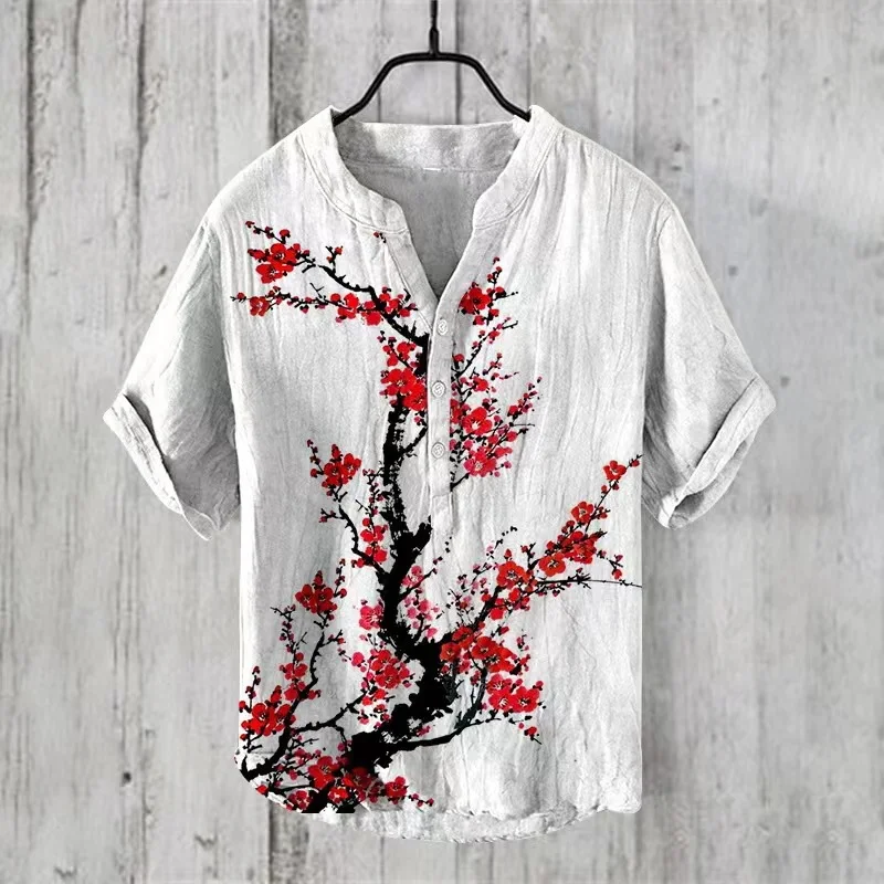 Hawaiian Men\'s Linen V-neck Shirt Men\'s T-shirt 2024 New 100% Linen Shirt HD Pattern Plus Size Crane Landscape Painting Shirt