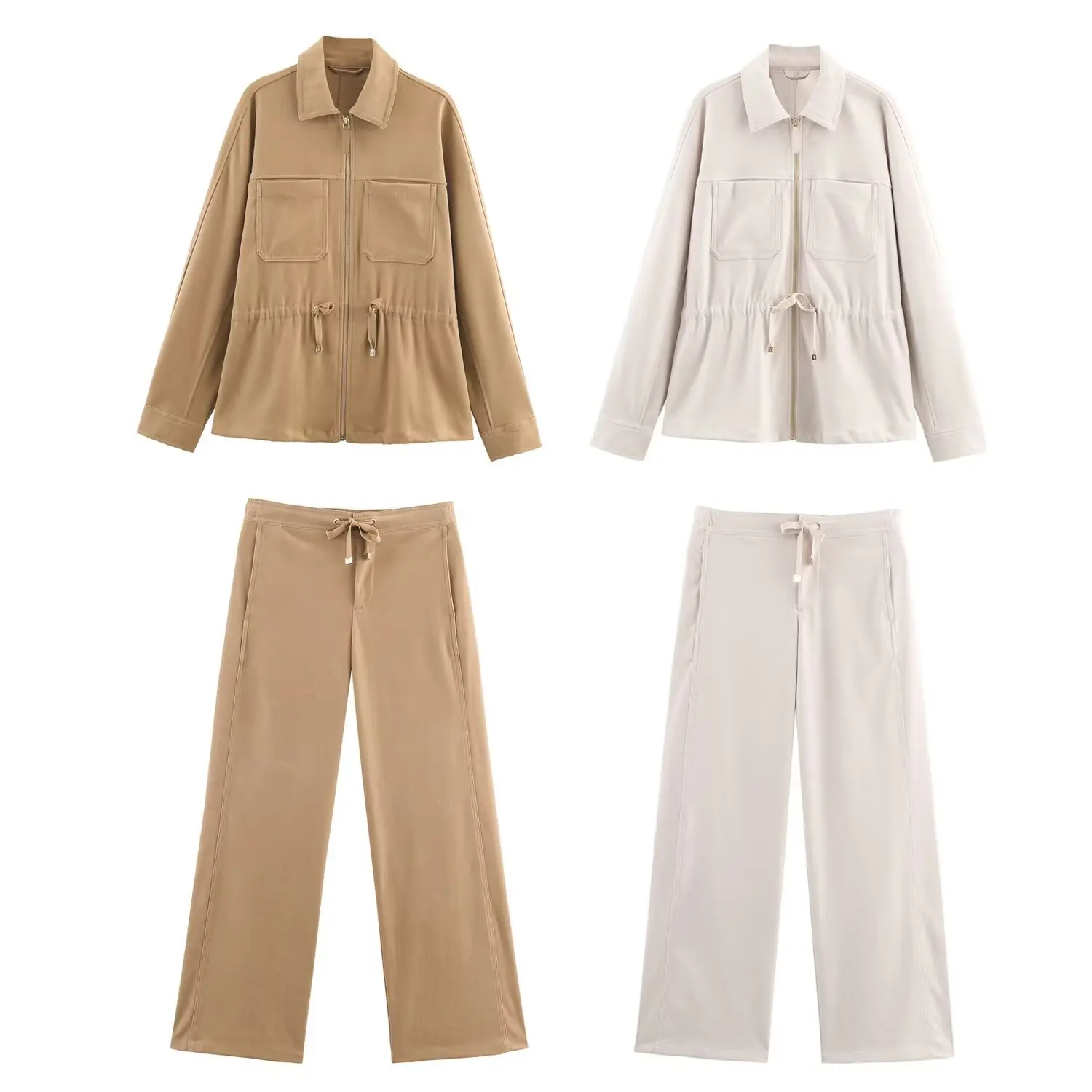 

2025 Fashion Women's Solid Color Casual Trousers Set Lapel Adjustable Waist Pockets Jacket + Long Pant 2-Piece Set